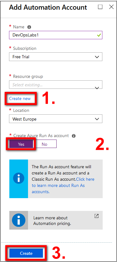 Screenshot of the Add Automation Account pane in Azure Automation portal. The image shows the setting fields that need to be completed as described previously.